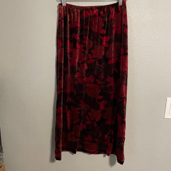 Vintage Womens Maxi Skirt Petite Small Red Floral Velvet Pull On Whimsigoth 90s - Picture 2 of 7